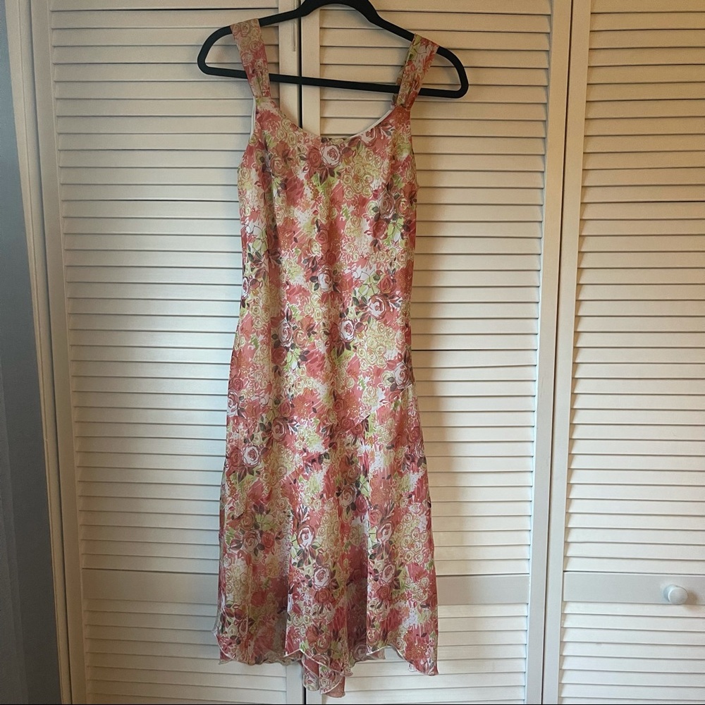 Floral Coral Sangria dress with Kim Rogers knit sweater